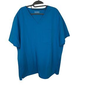 Mandala Comfort Woman's 2XL Blue V-Neck Scrub Top with Pockets Short Sleeve